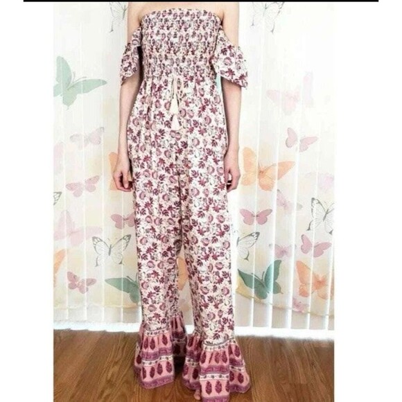 Bog collective Jumpsuit Womens Large floral Ruffle flare Hem Off Shoulder Sleeve - Picture 11 of 11